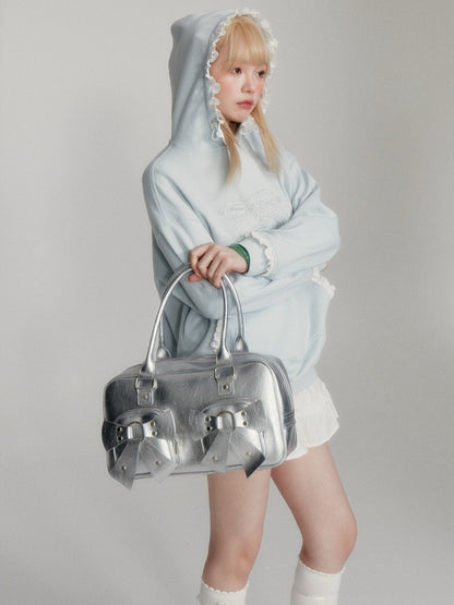 “Island Shell Blue” Pearl-Embellished Lace-Trim Hoodie 2416