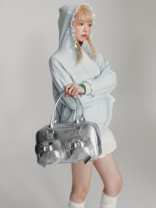 “Island Shell Blue” Pearl-Embellished Lace-Trim Hoodie 2416
