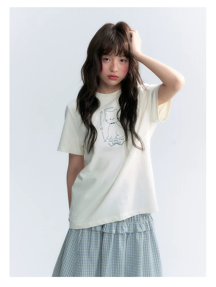 "Garden Kitty" Ivory Embroidered Cat Cotton T-Shirt