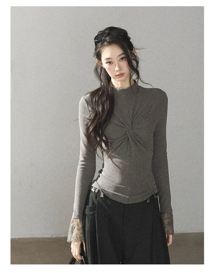 AOMALM - “Pleated Afterglow” Sage Gray Twist-Front Mock Neck Long-Sleeve Top
