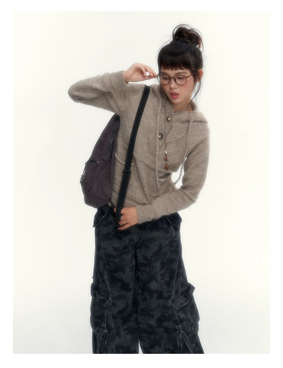 Oatmeal Ribbed-Hem Hooded Knit Sweater