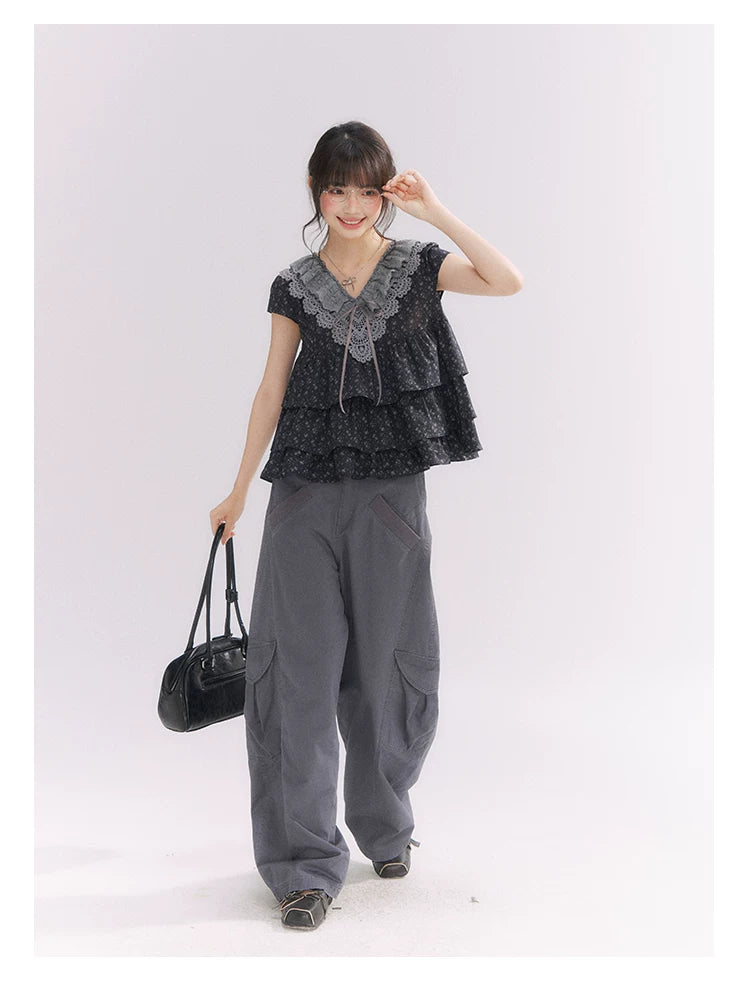 “Midnight Petal” Gray-Black Floral Top & Tiered Dress