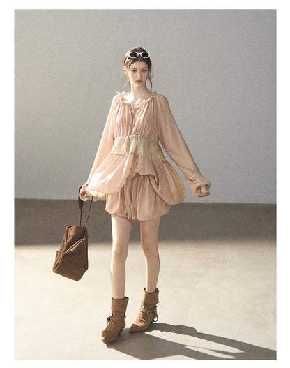 170726 "Ripples of Autumn" Milk Tea Lace Blouse & Bubble Shorts Set