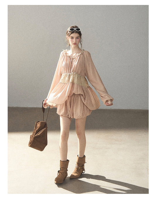 170726A "Ripples of Autumn" Milk Tea Lace Blouse & Bubble Shorts Set