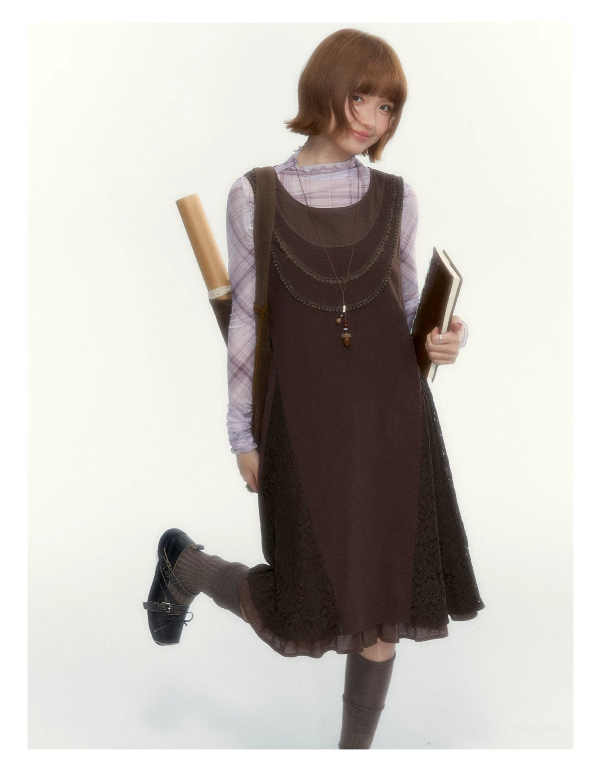 "Caramel Afterglow" Cocoa Brown Lace-Trim A-Line Dress Set with Purple Plaid Layering Top