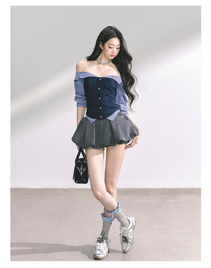 少也眼 "London Crush" Off-Shoulder Dual-Layer Long-Sleeve Spicy Girl Tee - Navy Blue