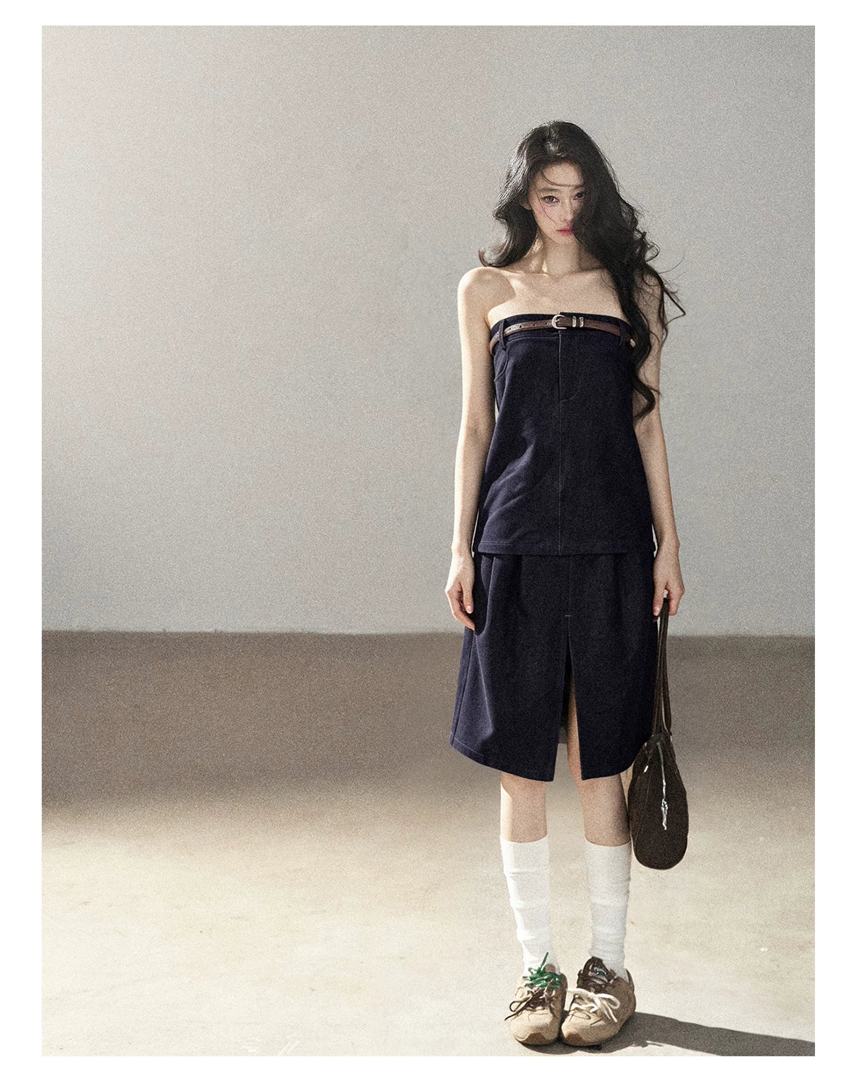 AOMALM - "Bluebell in Suspension" Navy Blue Korean Denim-Inspired 2-Piece Skirt Set