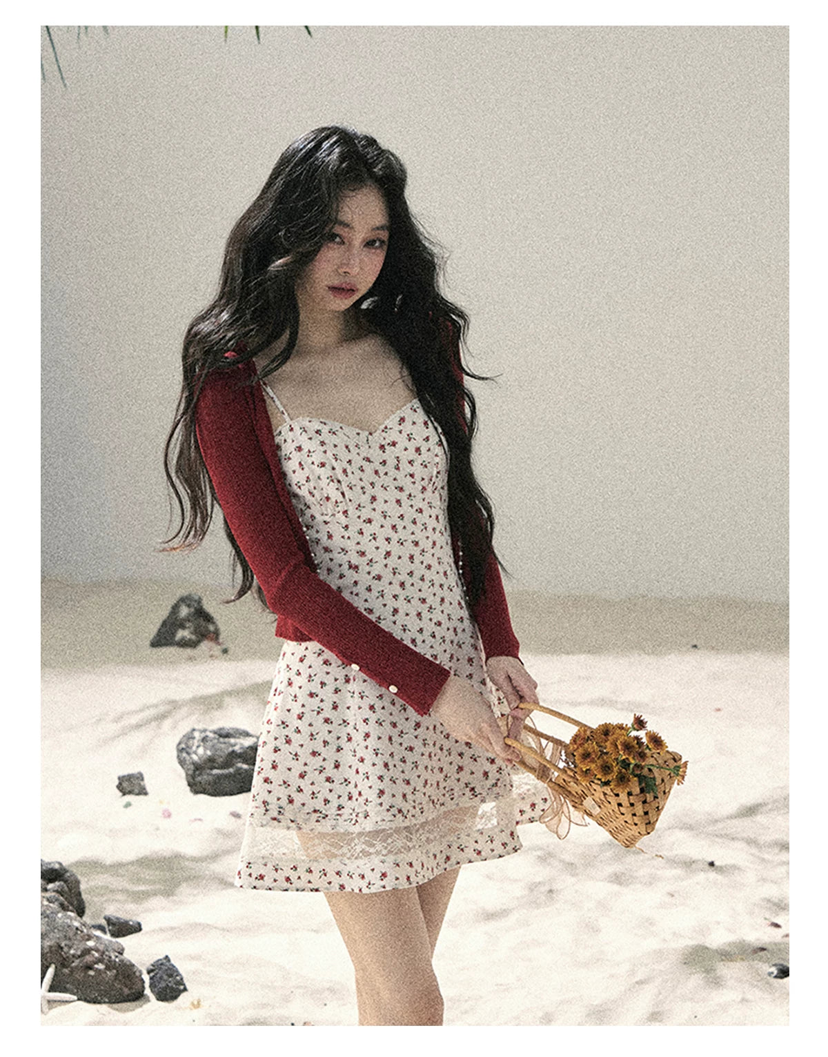"Blooming Rose Reverie" Cloud White Floral Lace Mini Dress & Burgundy Wine Cardigan 56483