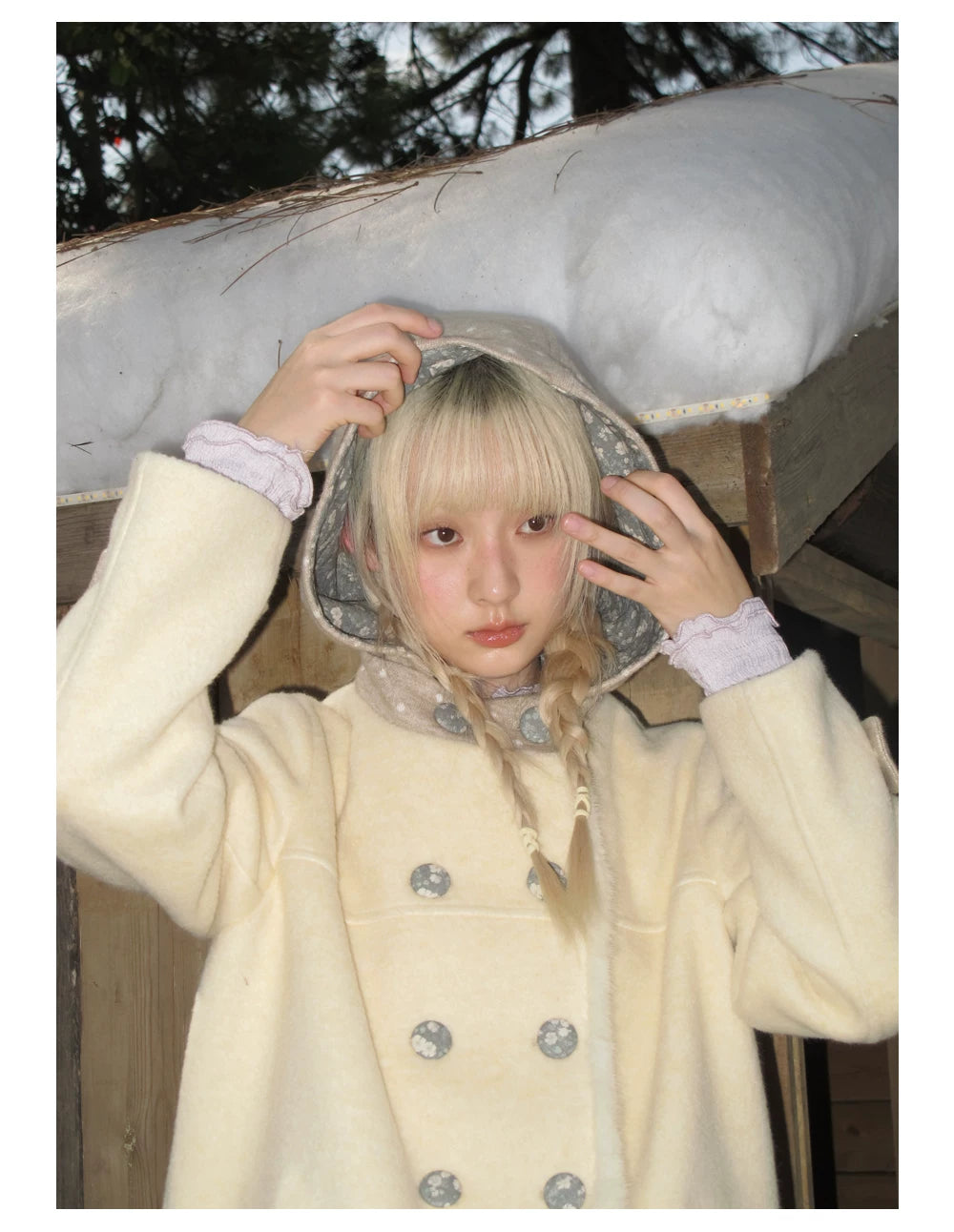 RF - Cream Yellow Hooded Wool-Blend Coat with Polka Dot Pockets