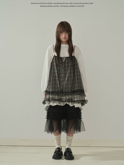 "Layered Breeze" Black & White Plaid Mesh Layering Cami Top