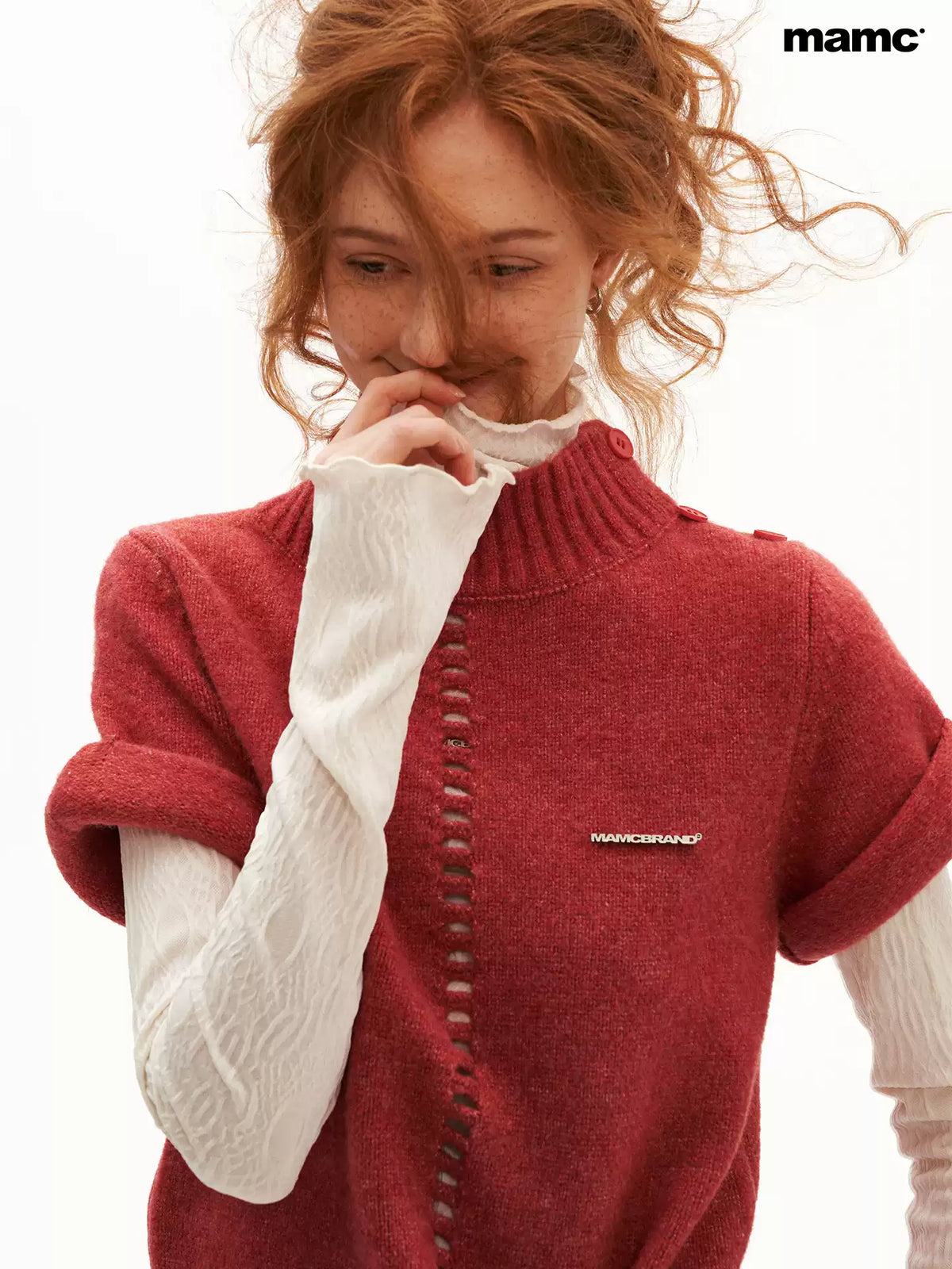 MAMC - Soft Wool-Blend Tie-Waist Cutout Knit Sweater (Red / Black)