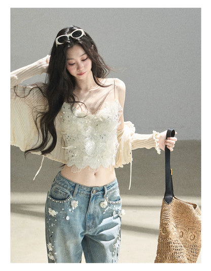 "Waiting for the Breeze" Apricot Lace Knit Cardigan & Cami Set