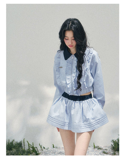“English Manor” Plaid Cropped Top & Bubble Mini Skirt Set