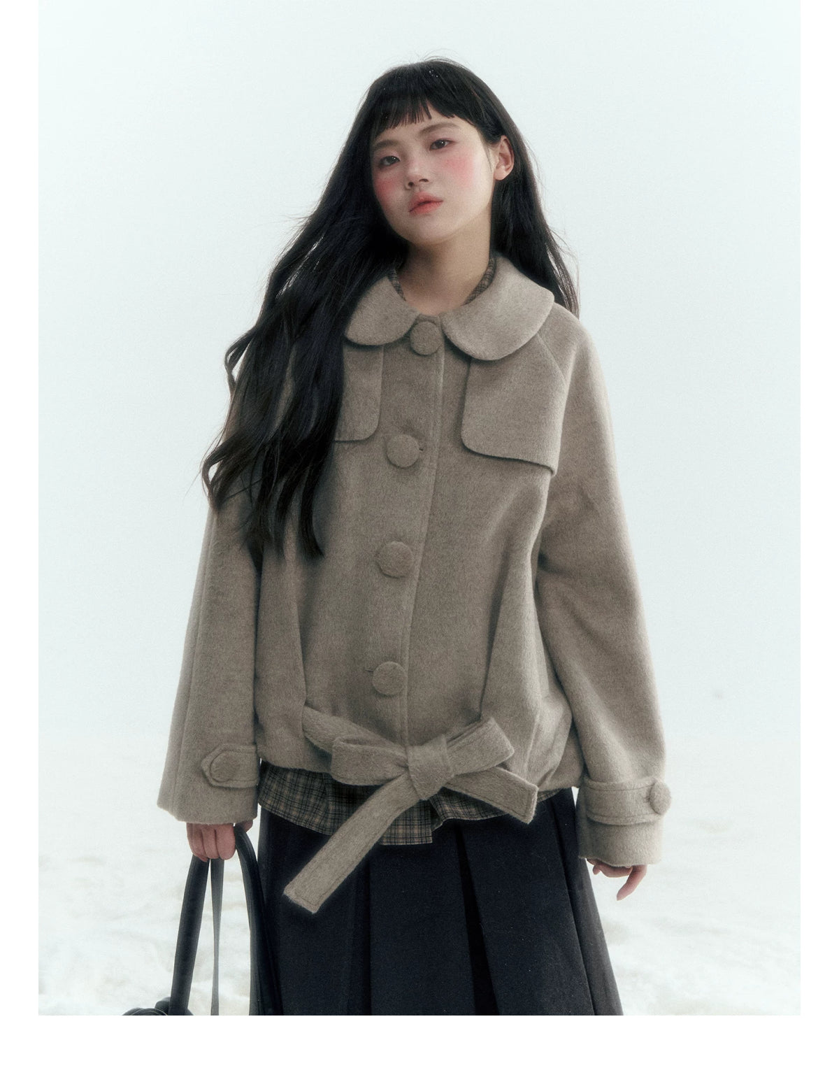 Horridale - Brown Khaki Plaid Embroidered Peter Pan Collar Shirt