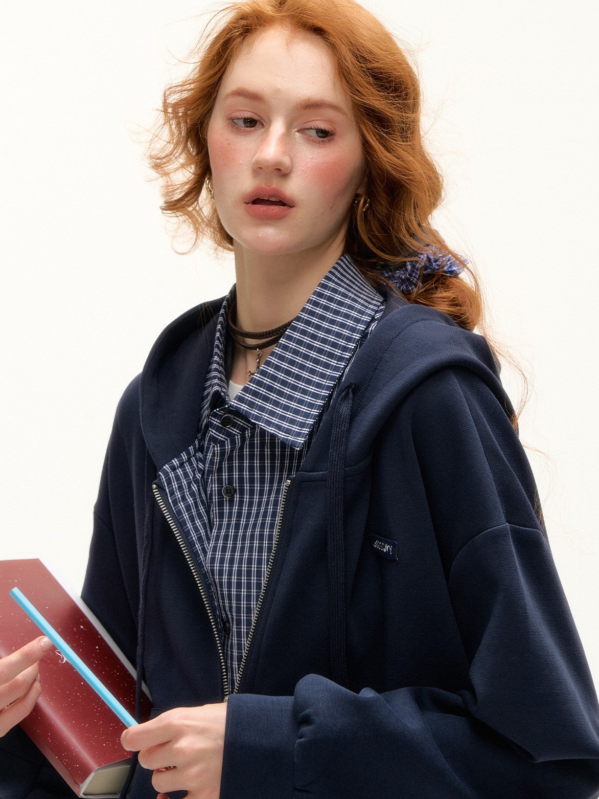 ASGONY - Faux Two-Piece Zip-Up Hoodie Jacket (Deep Navy)