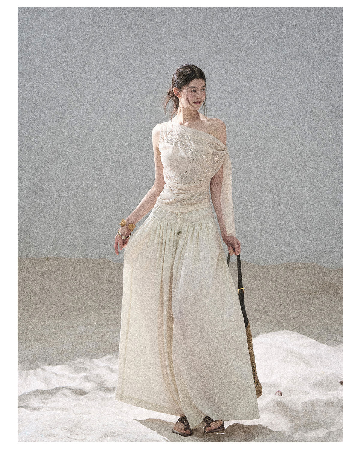 “Frosted Kiss” Milk Tea Tailored Wide-Leg Pants