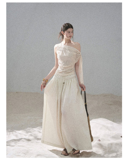 “Frosted Kiss” Milk Tea Tailored Wide-Leg Pants