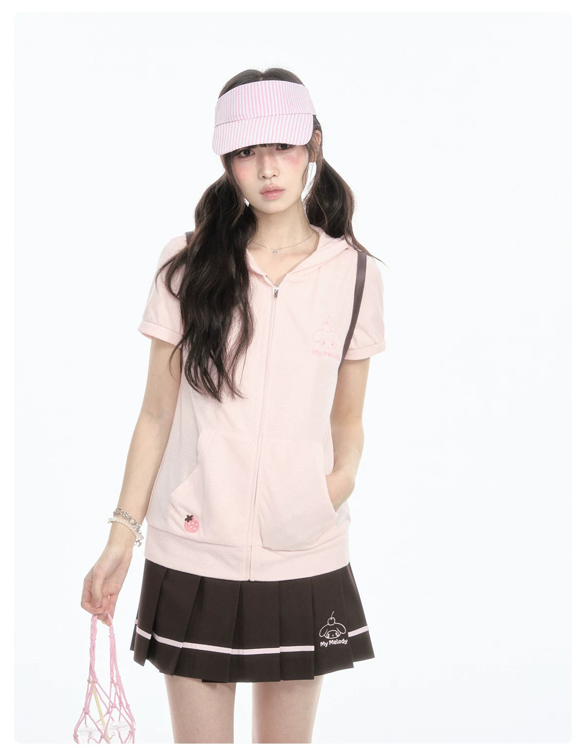 "Strawberry Daydream" Pink Hooded Zip-Up & Brown Skirt Set