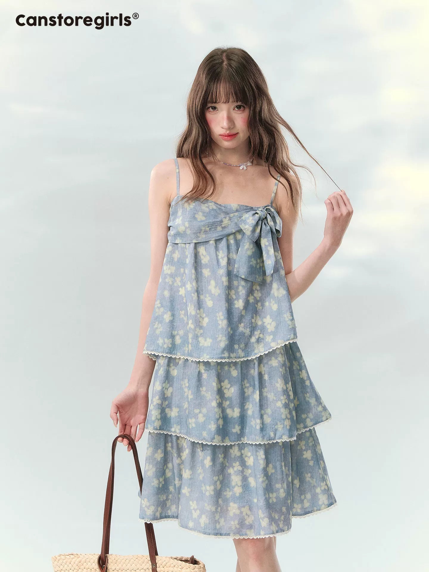 “Blue Mist Petals” Dusty Blue Floral Tiered Mini Dress LL2026120