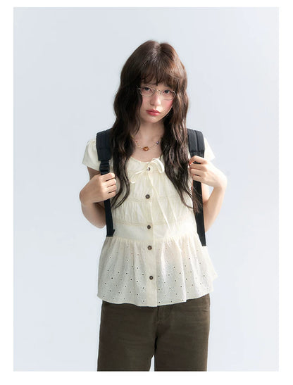 "Vintage Ribbon" Beige Bow Tie Lace Trim Blouse