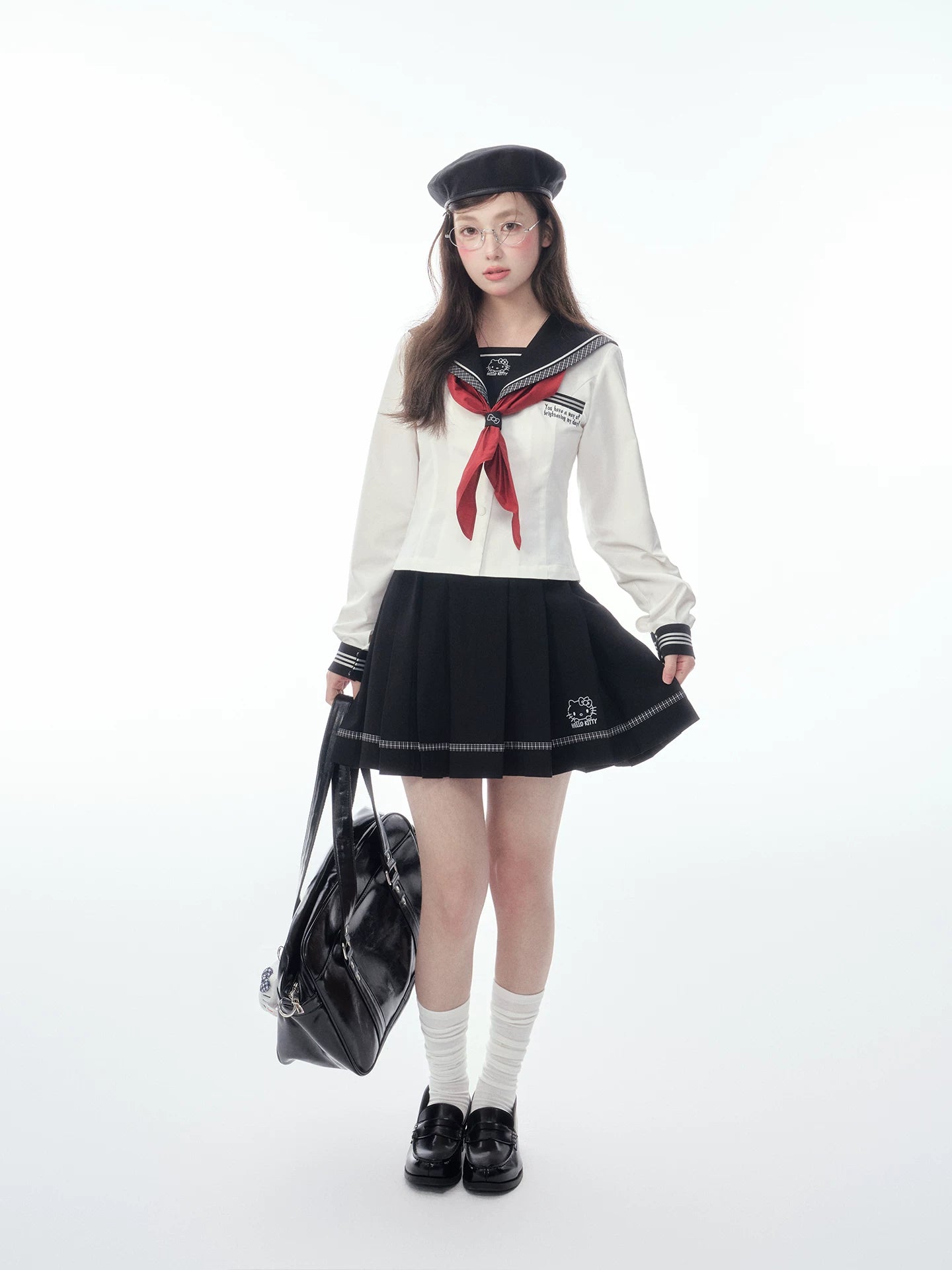 Slim-Fit Preppy Style Set - Sailor Collar Shirt / Front Box-Pleat Skirt / Polka Dot Skirt