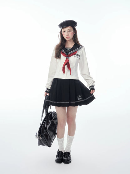 Slim-Fit Preppy Style Set - Sailor Collar Shirt / Front Box-Pleat Skirt / Polka Dot Skirt