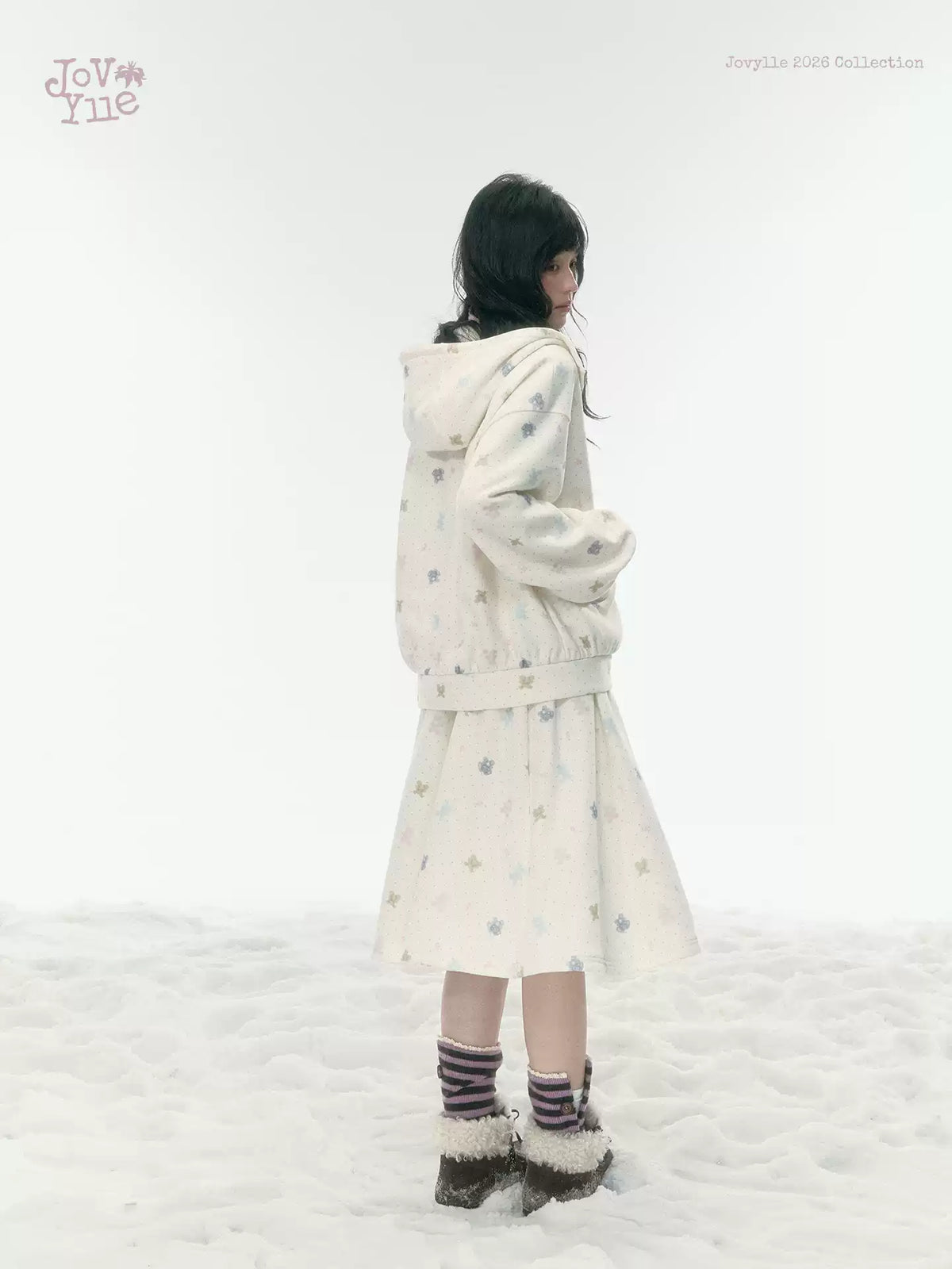 JOVYLLE - Cream Printed Fleece-Lined Sweatshirt, Pants & Skirt Set