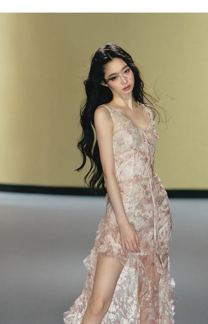 "Blush Mirage" Floral Lace Slip Maxi Dress