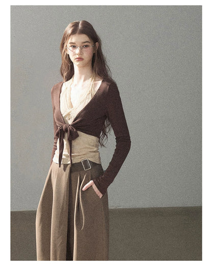 AOMALM - "Tender in This Moment" Rich Cocoa Faux Two-Piece Lace Top