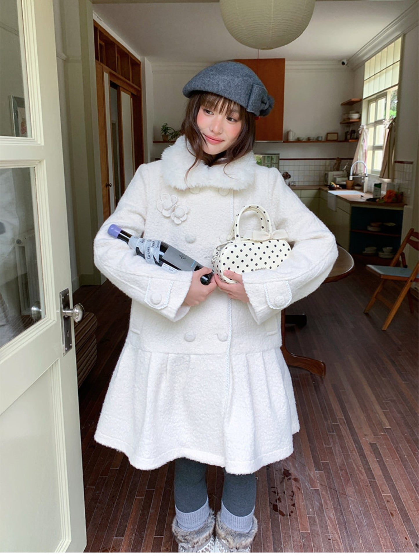 阮阮自制 - Birch Lily Milky White Detachable Fur Wool Coat