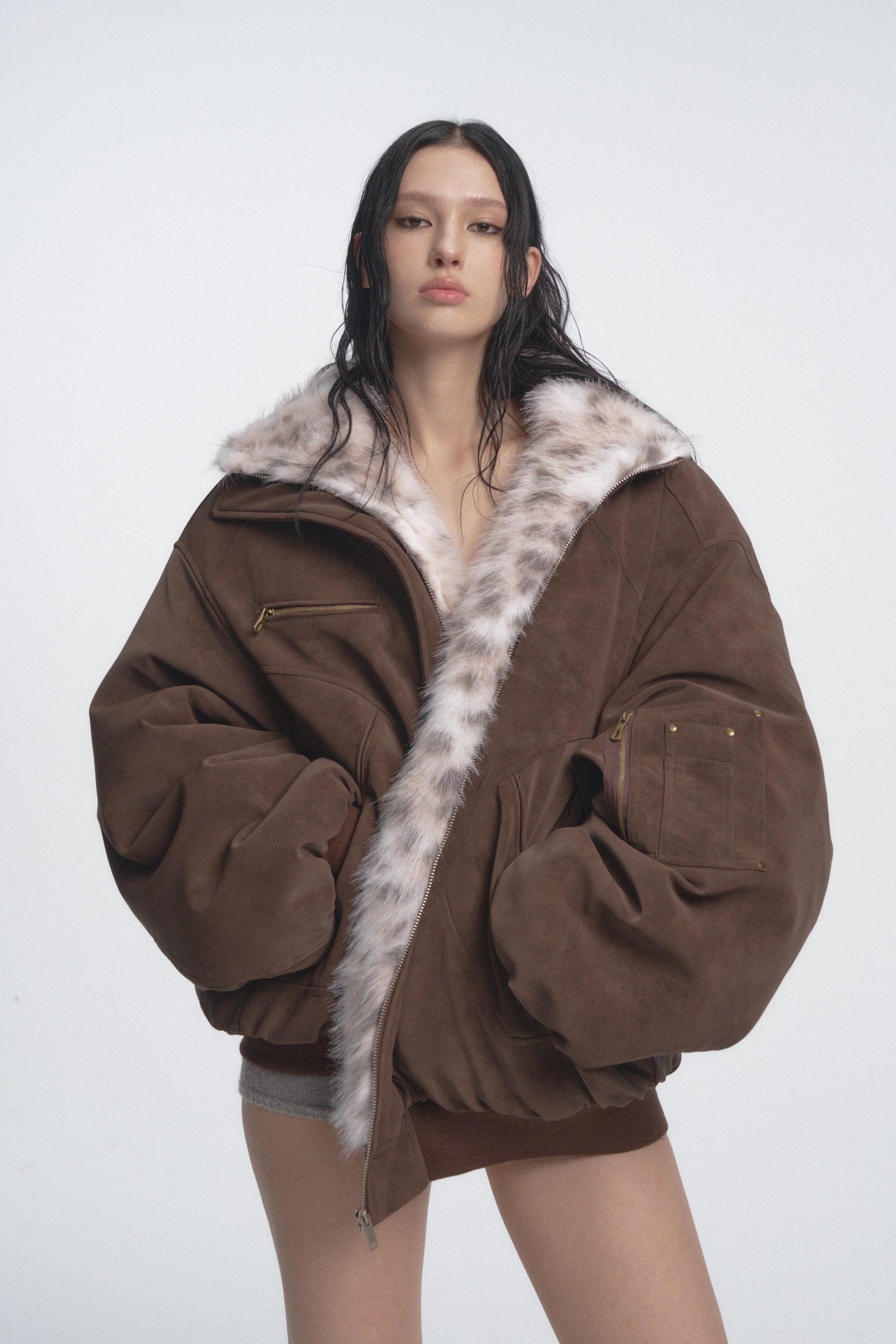 Muirgen - Brown Y2K Reversible Faux Fur Suede Aviator Jacket