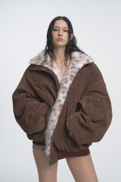Muirgen - Brown Y2K Reversible Faux Fur Suede Aviator Jacket