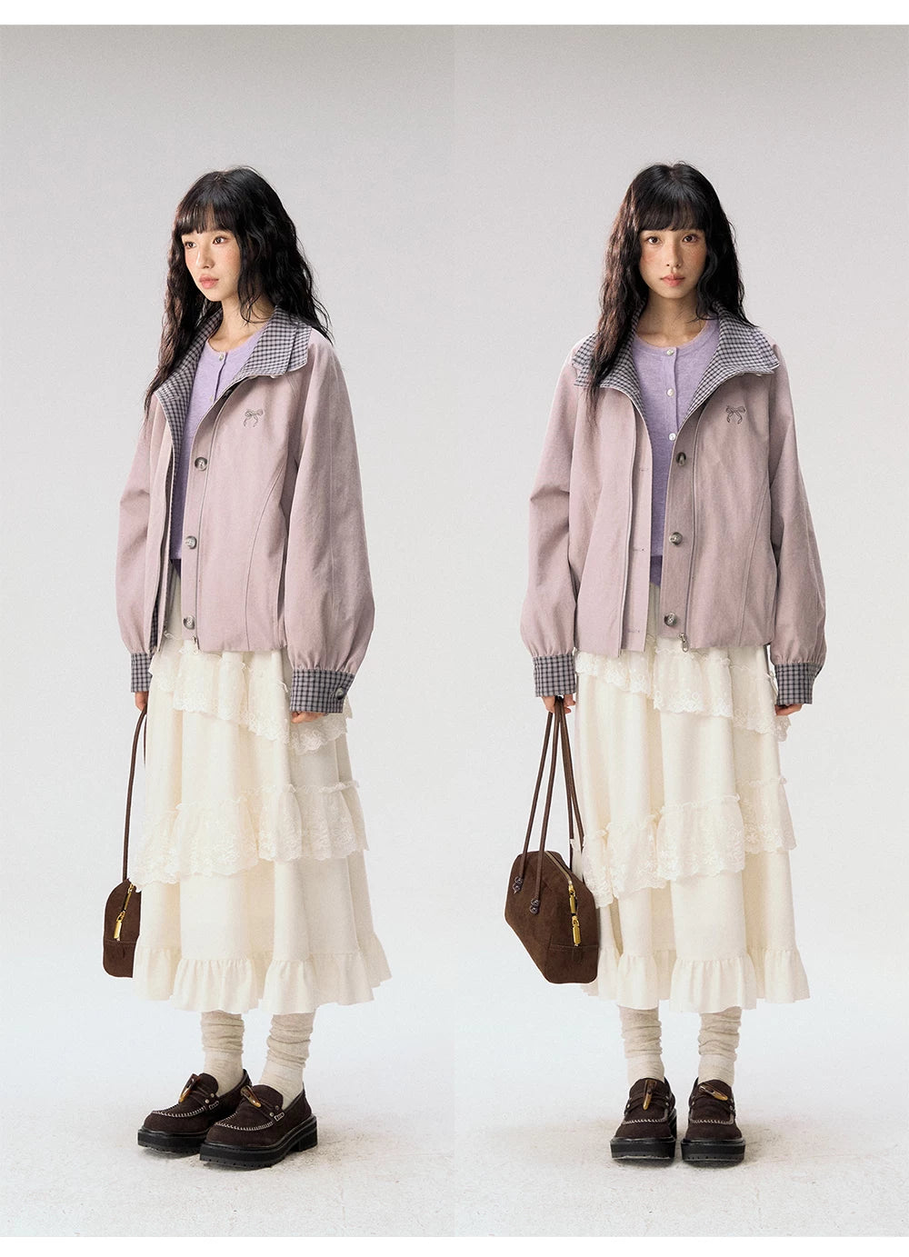 [CAN] "Lavender Plaid Notes" Dusty Purple Plaid Double Collar Cropped Jacket