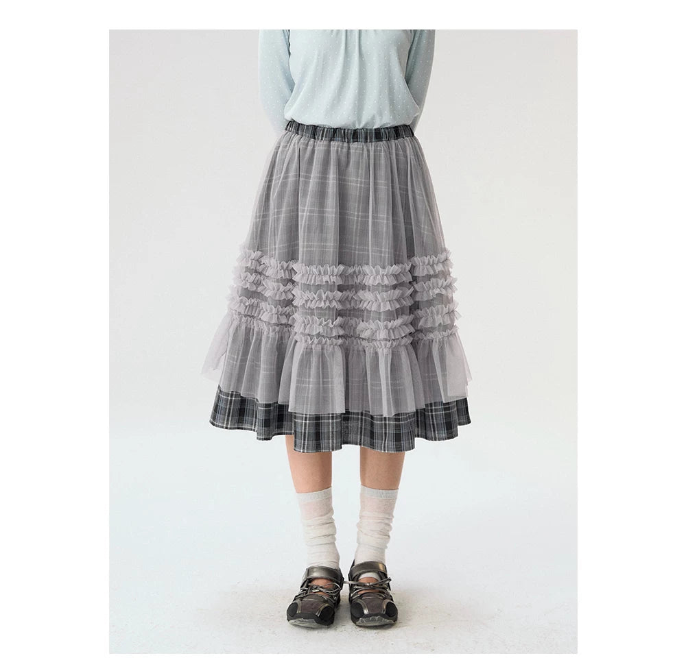 [CAN] "Gray Plaid Reverie" Gray Purple Plaid Mesh Layered Midi Skirt