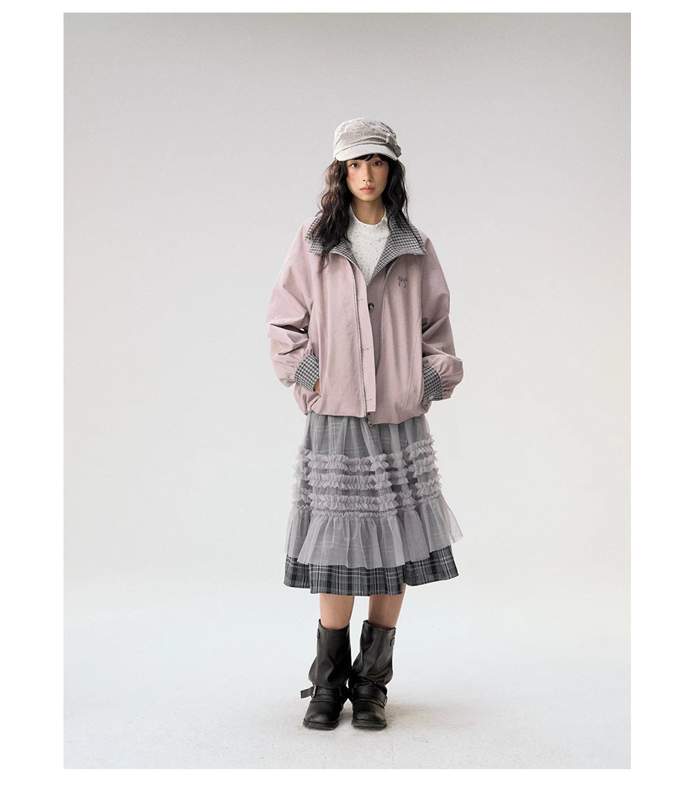 [CAN] "Gray Plaid Reverie" Gray Purple Plaid Mesh Layered Midi Skirt