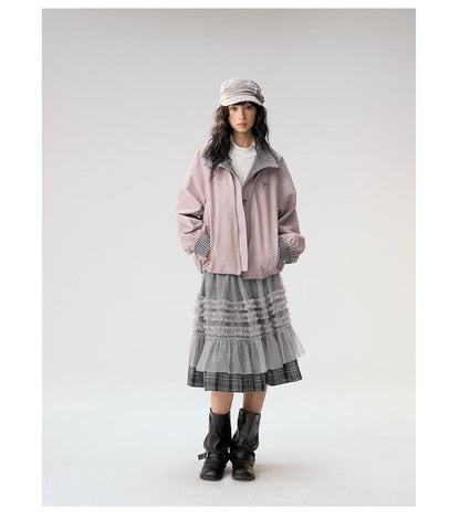 [CAN] "Gray Plaid Reverie" Gray Purple Plaid Mesh Layered Midi Skirt