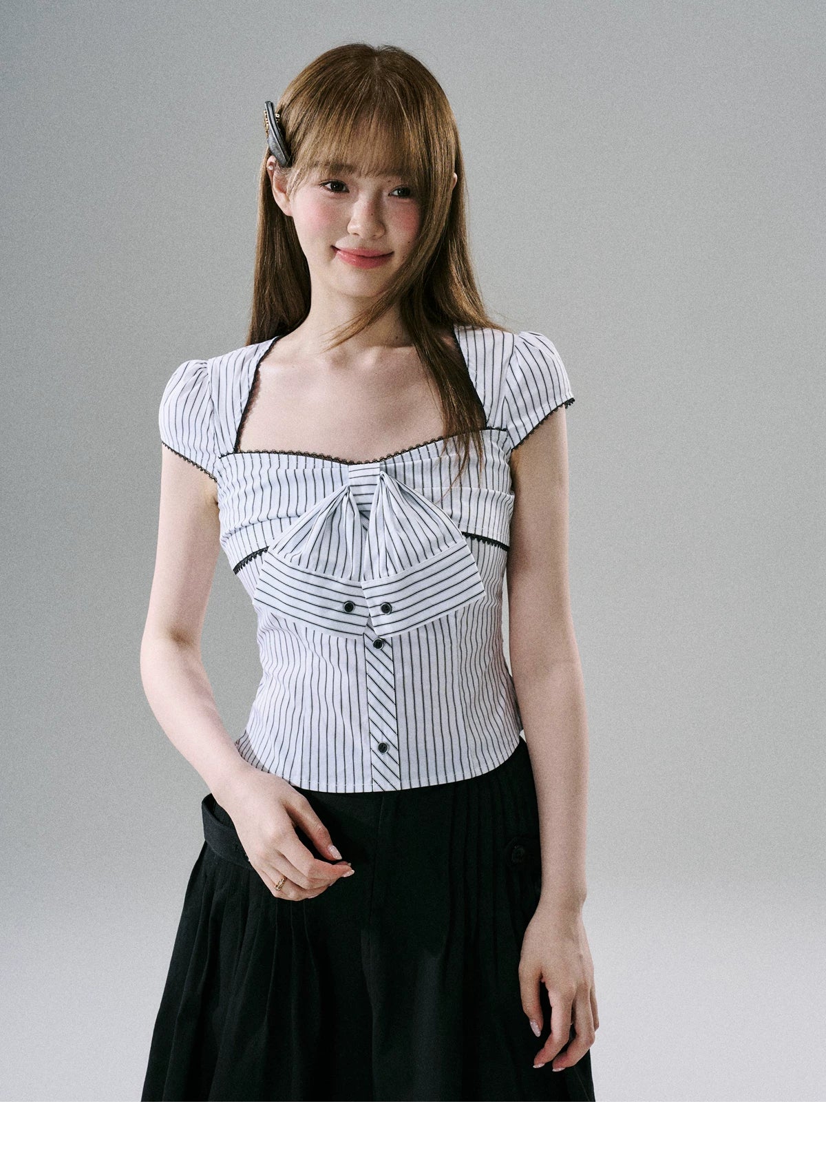 LOST FOREST - Black And White Striped Bow Crop Top