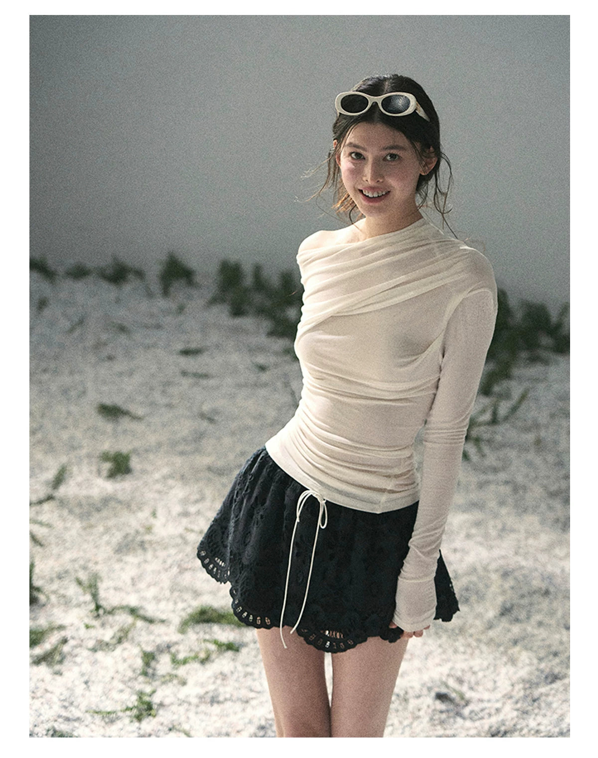 “Where Shadow Walks Beside Light” Milk Apricot Asymmetrical Top