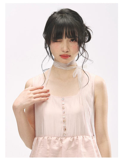 "Misty Pink Reverie" Petal Pink Lace Tie Tiered Sleeveless Dress