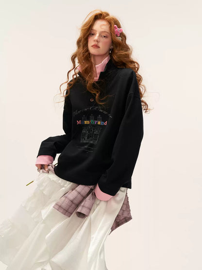 MAMC - Fake Two-Piece Buttoned Polo Sweatshirt - BLACK