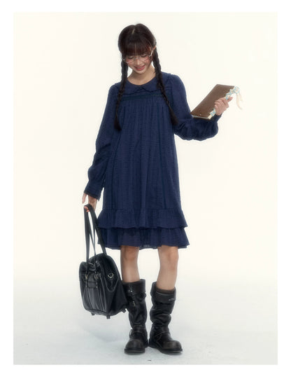 “Vintage Ribbon” Navy Peter Pan Collar Lace-Trimmed A-Line Dress