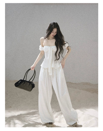 "Lazy Soliloquy" White Peplum Top & Wide-Leg Pants Set