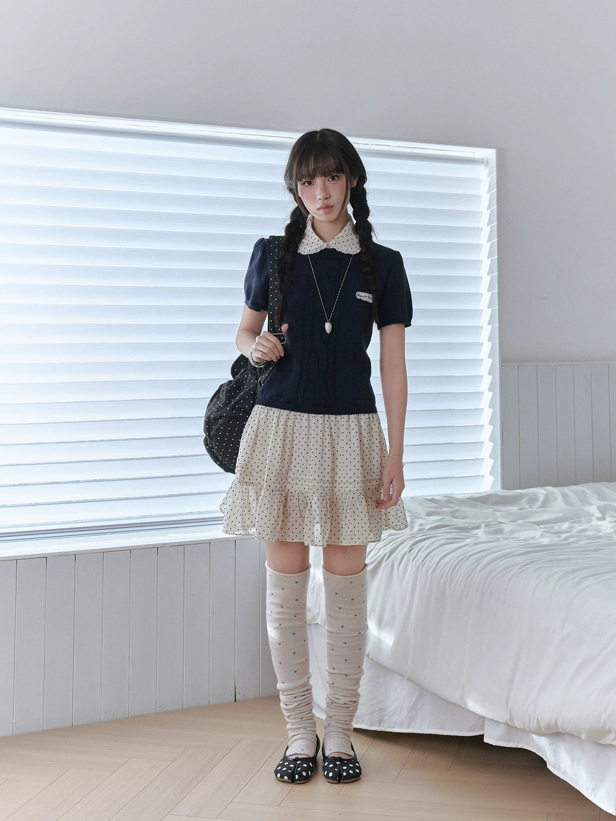 "Starry Miu" Polka Dot Collared Knit Dress - Navy