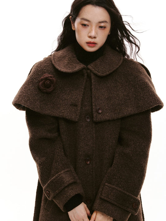 “Intellectual Cape Silhouette” Long Wool Blend Minimal Coat - Brown 8007