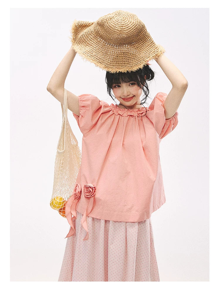 "Pink Grapefruit Bloom" Grapefruit Red Rose Puff Sleeve Blouse