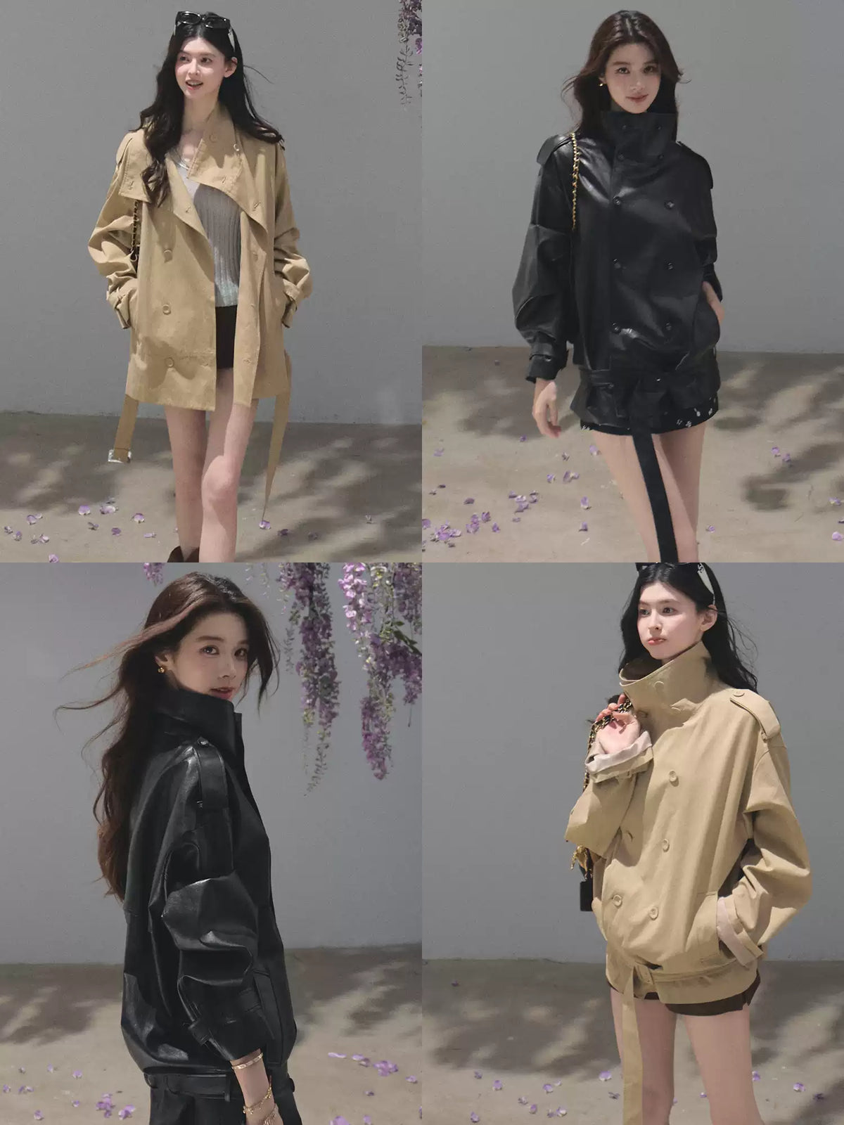 OAKMOO/ Belted Double-Breasted Trench Jacket (Deep Black / Hazel Khaki)