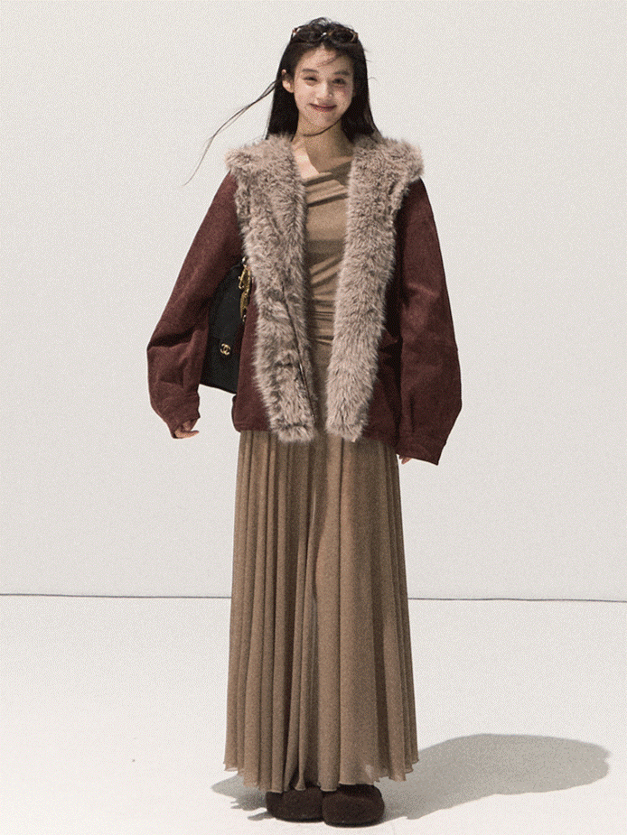 OAKMOO/ Burgundy Red Faux Suede Hooded Jacket with Ombre Faux Fur