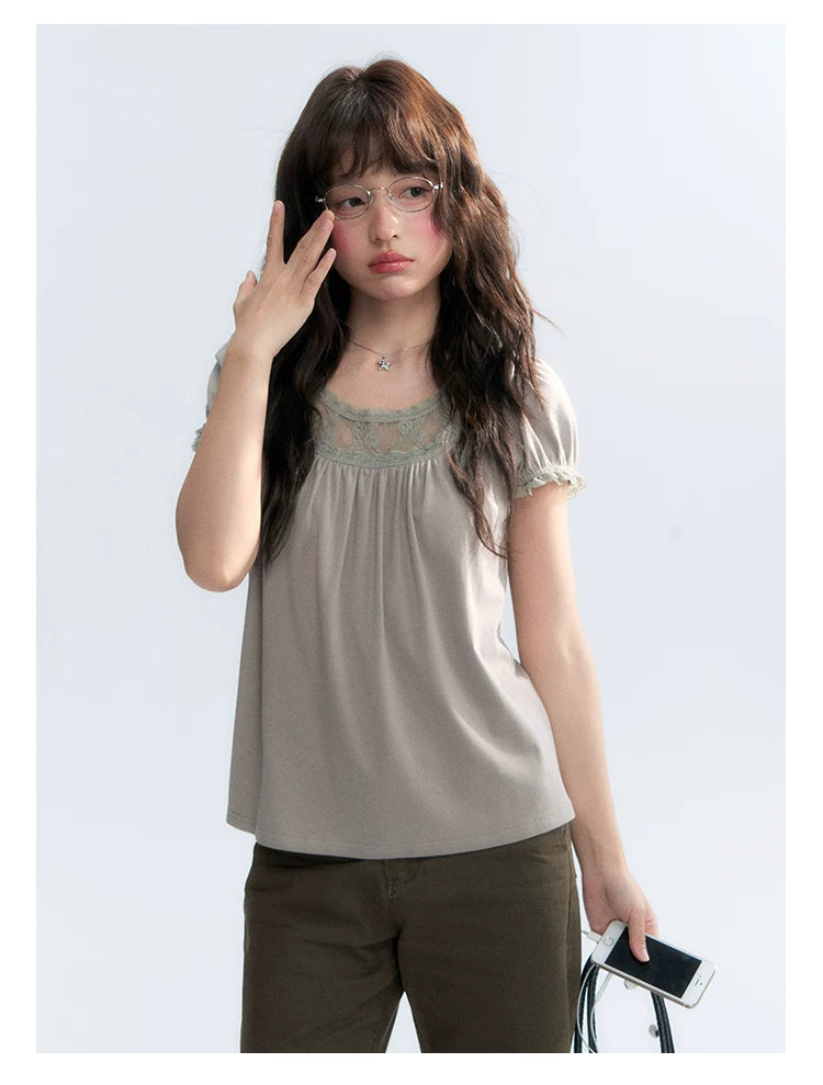 "Vintage Cream" Milk Gray Lace Trim Puff Sleeve T-Shirt