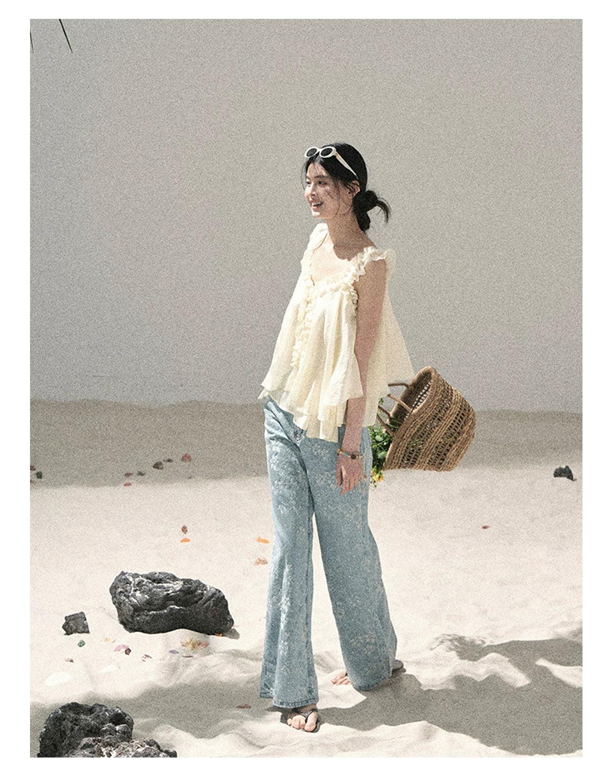 "Twinkling Starlight" Sky Blue Floral Rhinestone Wide-Leg Jeans