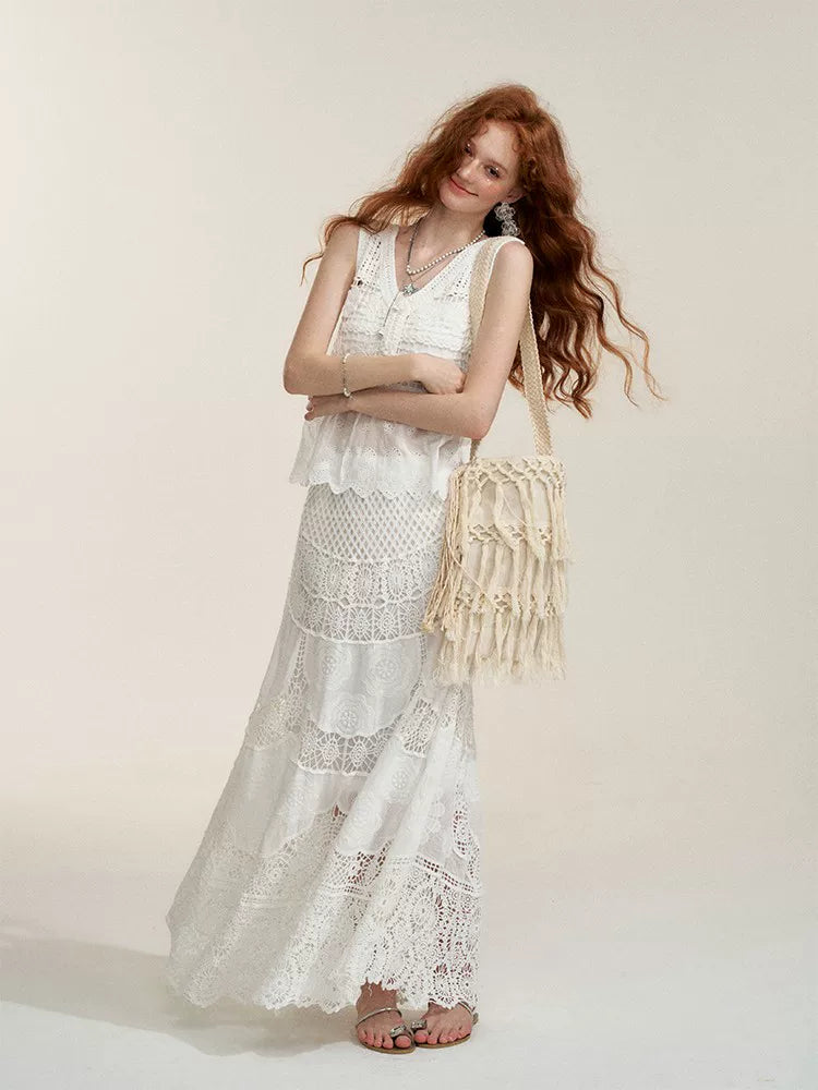 White Floral Embroidery Crochet-Detail Blouse